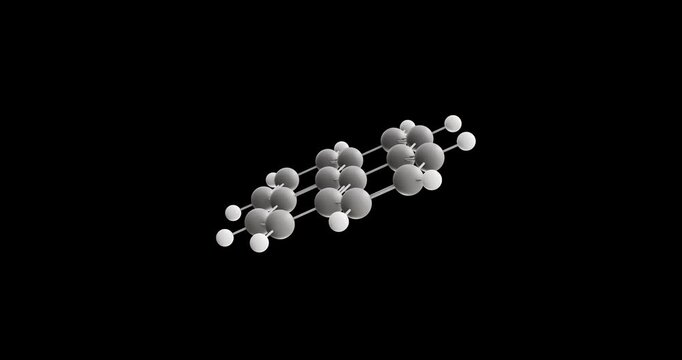 Pyrene molecule, rotating 3D model of polycyclic aromatic hydrocarbon, looped video on a black background
