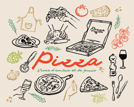 Whimsical hand drawn pizza vector illustration set