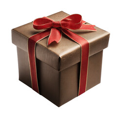 A neatly wrapped gift box with a textured brown paper and a shiny red ribbon tied in a bow on top.