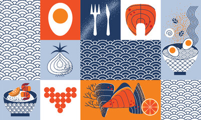 Seafood geometric pattern with ramen, shrimp, oysters, salmon