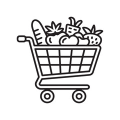 Shopping cart with food items and household goods vector