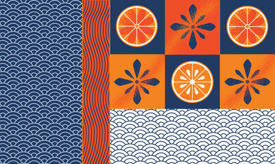 Seafood asian geometric pattern citrus menu orange lemon