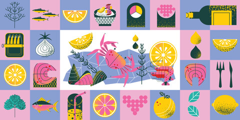 Seafood geometric pattern with salmon, crab, oysters, shrimp