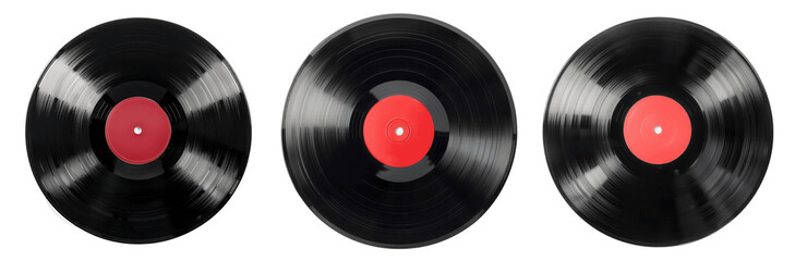 Obraz premium A collection of three vintage vinyl records, showcasing their classic black design with red centers, ideal for music enthusiasts.
