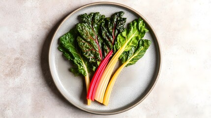 Vibrant Rainbow Chard on Grey Plate,  Fresh Leafy Greens, Healthy Food Photography