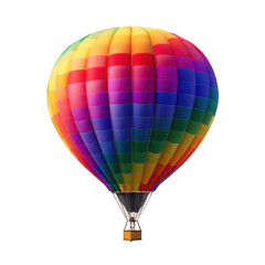 A colorful hot air balloon with vertical stripes in vibrant rainbow hues rises against a black backdrop.