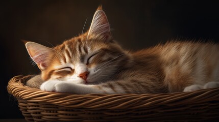 Calm cat breeds sleeping in baskets and boxes, soft textures and muted colors,