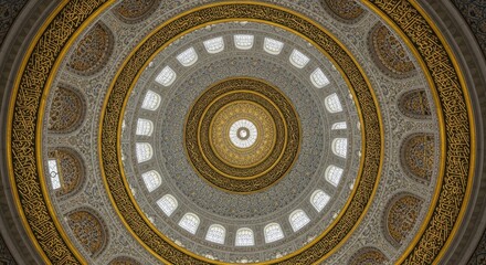 Ornate circular islamic patterns and arabic calligraphy on domed ceiling
