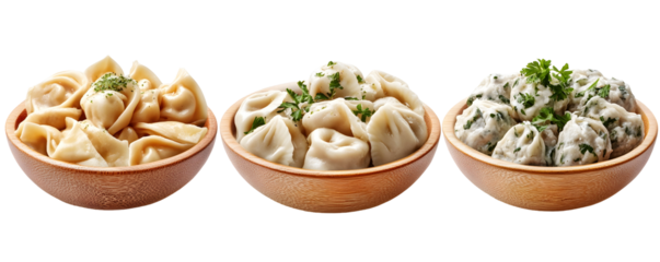 A collection of three bowls filled with different types of dumplings, showcasing various fillings and garnished with herbs, emphasizing culinary diversity and presentation.