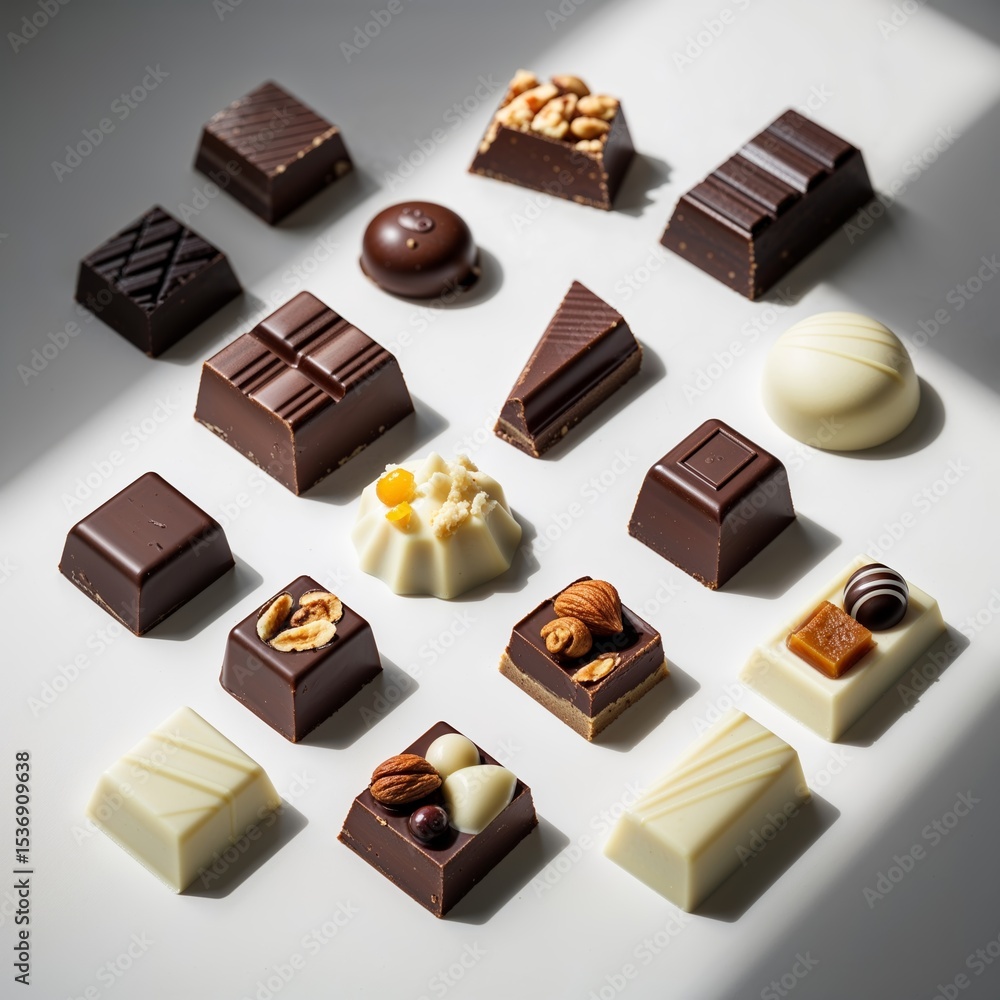 Poster assortment of chocolates displayed in square format with various flavors including nuts, caramel, an