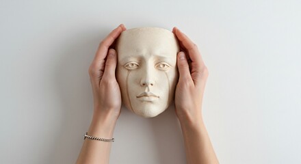Woman holding a sad plaster face mask with both hands. Concept of grief, mental health support, and human emotion.
