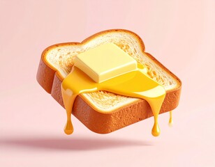 3D illustration of a thick-cut toast with butter and condensed milk, glossy surface, dripping syrup effect, on plain pastel background, cute food styling, soft shadows, slightly floating
