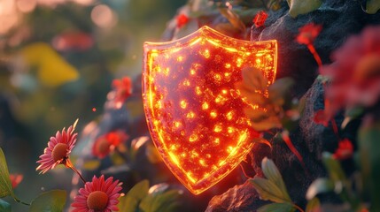Fiery shield nestled in floral garden