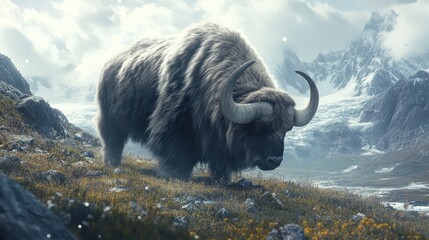 A large yak standing peacefully on a grassy mountainside