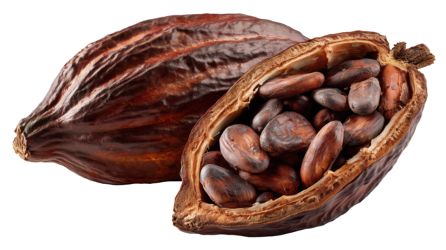 Raw cacao (kakao) pods with fresh cocoa beans, the source of chocolate, isolated on PNG