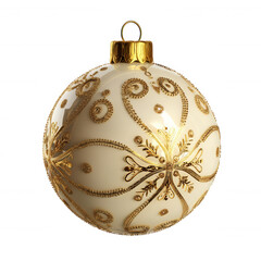 A white Christmas ornament ball adorned with intricate gold glitter swirls and floral patterns, topped with a shiny gold cap and loop for hanging.
