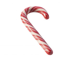 A red and white striped candy cane with a glossy finish, curved at the top, commonly associated with holiday celebrations.