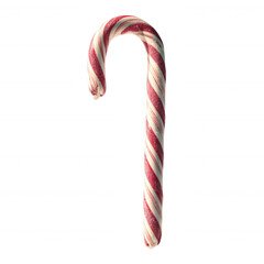A red and white striped candy cane with a curved top, featuring a sparkling texture.