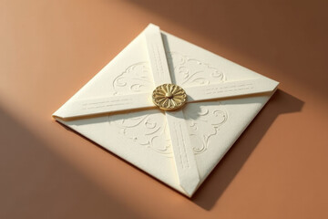 A white envelope with a decorative gold button on the front