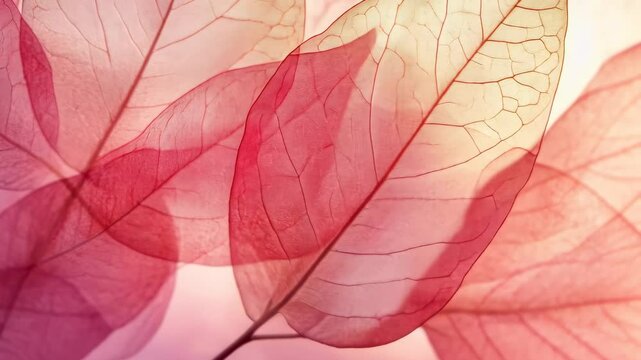 Close up Transparent skeleton leaves in pink and red hues