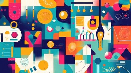 Abstract graphic design with vibrant colors and geometric shapes, showcasing interconnected concepts