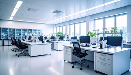 Modern laboratory workspace featuring sleek desks, computers, and greenery in bright daylight
