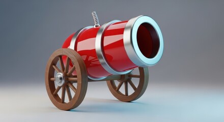 A detailed 3d render of a cartoonish red cannon with wooden wheels and a shiny finish.