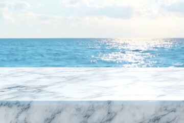 Fototapeta premium Empty glossy white marble table top with blur sky and sea boekh background,banner mock up template for display of product