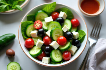 A colorful bowl filled with fresh vegetables and cheese, perfect for lunch or dinner