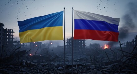 Ukrainian and russian flags in a devastated city landscape symbolizing conflict