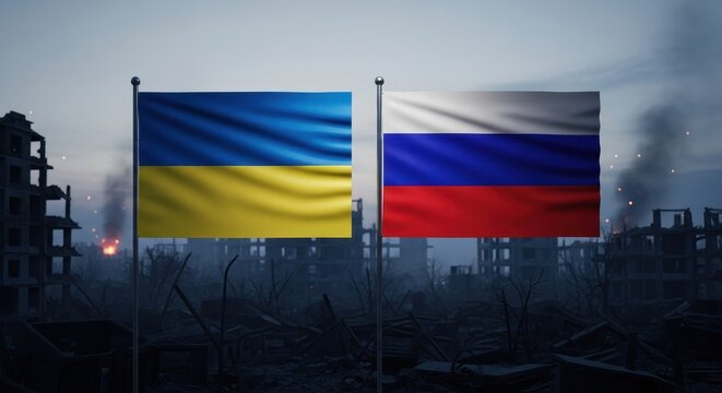 Ukrainian and russian flags waving over a destroyed city in a war zone