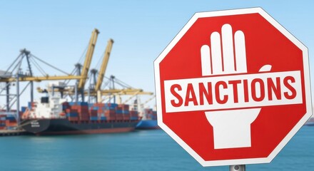 Sanctions stop sign in front of a port with cargo ships and cranes