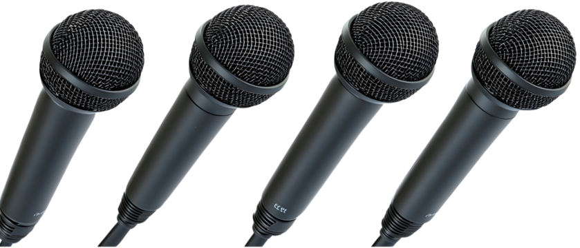 Four Black Microphones with Textured Heads PNG, isolated on whit