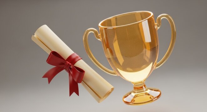 Golden trophy cup and rolled diploma representing success and academic achievement