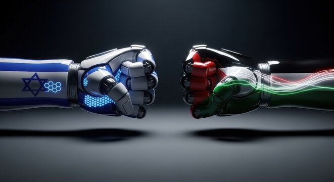 Robotic fists with israeli and palestinian flags symbolizing geopolitical conflict
