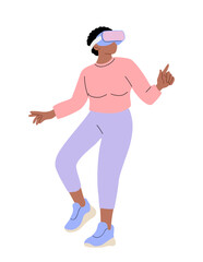 Metaverse, VR, gaming, technology, and digital culture come together in this vector illustration of a young African American woman in sporty casual clothes wearing a VR headset