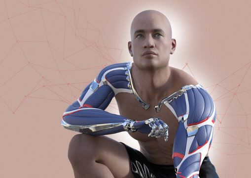 Man with bionic arms, illustration