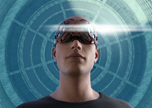 Man wearing virtual reality headset, illustration
