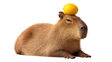 An endearing capybara balances a bright yellow lemon on its head, a unique and funny image.