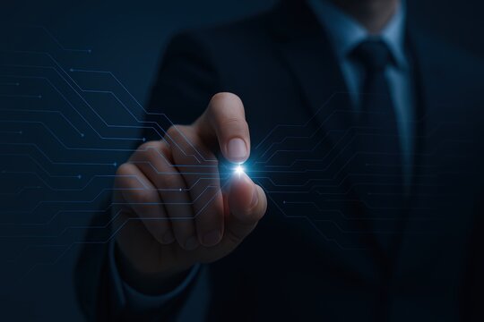 Businessman's hand pointing forward, interacting with an invisible screen.