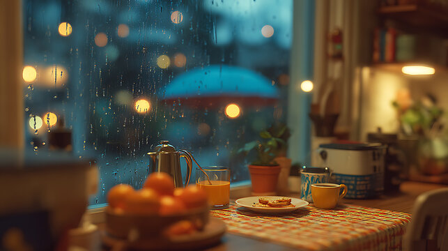 Fototapeta Cozy Kitchen Breakfast Scene on a Rainy Day