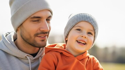 A cheerful young boy in an orange hoodie laughs while holding a yellow ball as his loving father in a grey beanie smiles beside him outdoors.