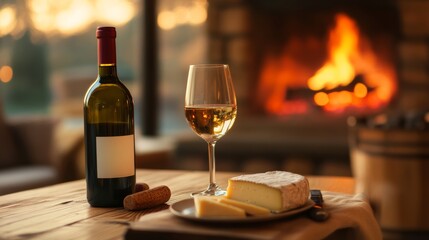 cozy rustic romantic dinner near fireplace, wooden table with wine and cheese