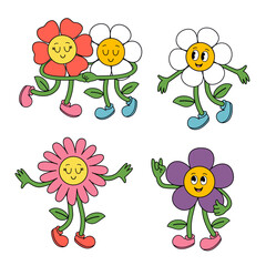 set of isolated groovy cartoon character flowers