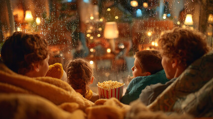 Family Movie Night Cozy Winter Evening Warm Home Togetherness Children Watching Movie Popcorn Rain