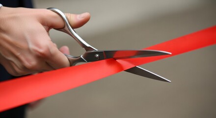 A hand cuts a red ribbon with scissors. The concept of opening a new business or for a grand opening ceremony.