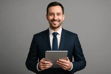Smiling executive holding tablet to prepare for presentation or meeting