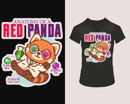 Vector t-shirt print of a kawaii red panda scientist anatomy with Fizzy Mix, Scientist Lab Coat and Glasses On call-outs, outlined like a sticker. Fun gift idea for cafés, students.
