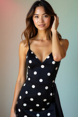 Fototapeta premium A woman wearing a colorful polka dot dress poses for a photo