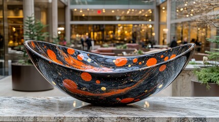 Obraz premium Abstract, oval-shaped bowl, with vibrant orange and black speckled design, sits on a stone ledge, indoors